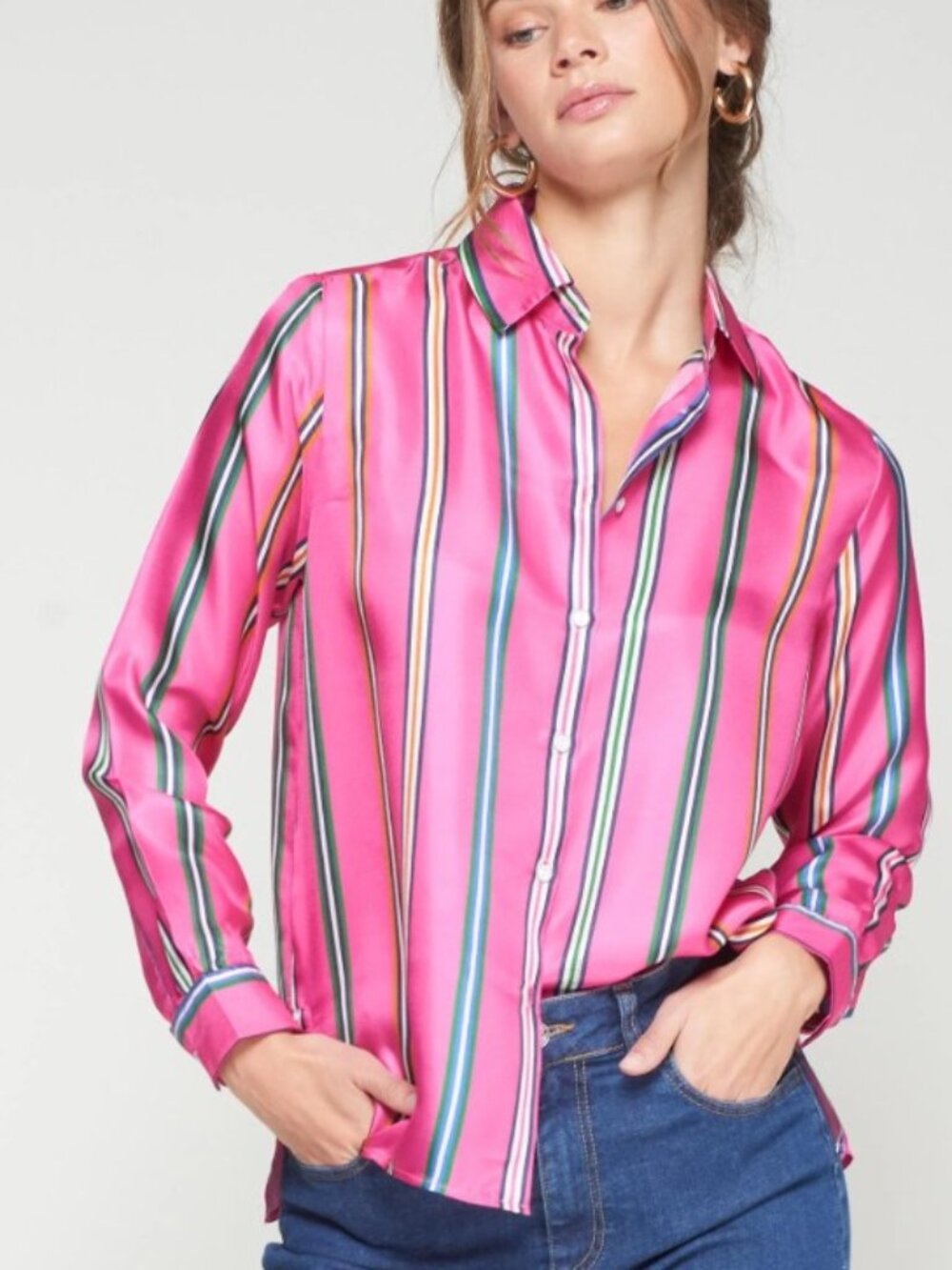 Vilagallo. Pink Striped Silk Print Long-Sleeve Collared Button Blouse. Size 42
